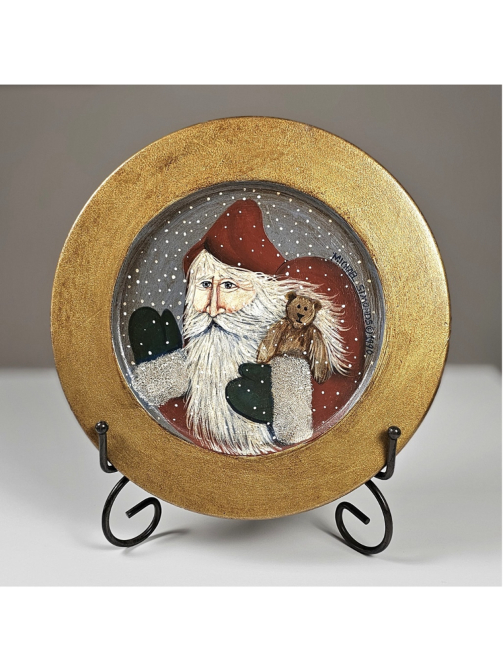 Vintage 1990 Michael Simonds Signed Old World Santa Folk Art Wooden Wall Plate